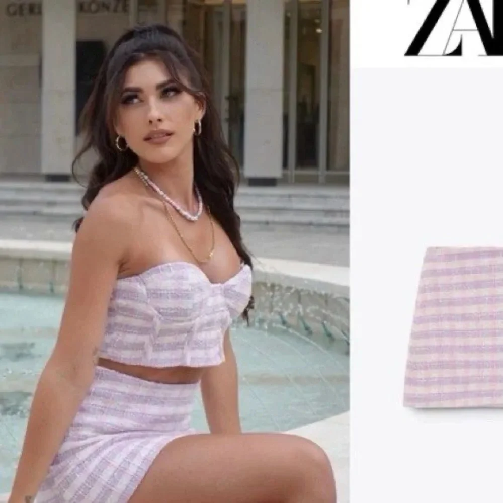 Zara Pink Purple Tweed Plaid Corset Bustier Crop Top Medium
